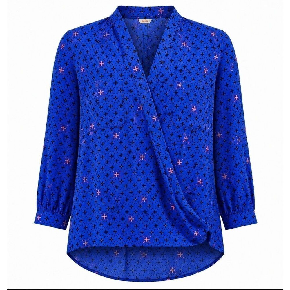 Maeve by Anthropologie Faux Wrap Blouse Womens Size 4 Pockets V-Neck Blue Top